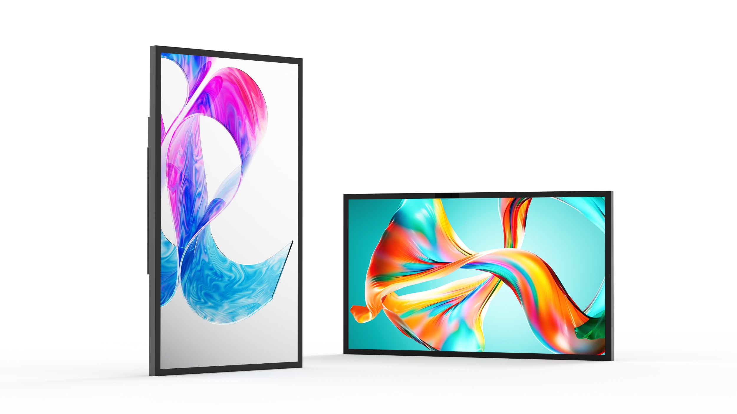Two flat-screen monitors, one oriented vertically and the other horizontally, displaying vibrant abstract designs with swirling colors including blue, pink, orange, and green, set against a minimal white background.