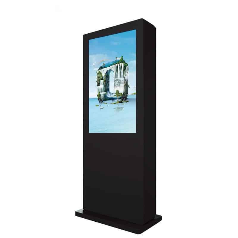 A large black digital kiosk display featuring a screen with an image of two small rocky islands with greenery surrounded by water and a clear blue sky. The kiosk stands on a flat base.