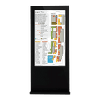 The Valencia: Outdoor Portrait Kiosk is a sleek, black interactive device showcasing a detailed navigational map of the Legacy West area. This map includes a key for various businesses, dining spots, and amenities, along with color-coded building layouts. Text at the top explains highlights of the area.