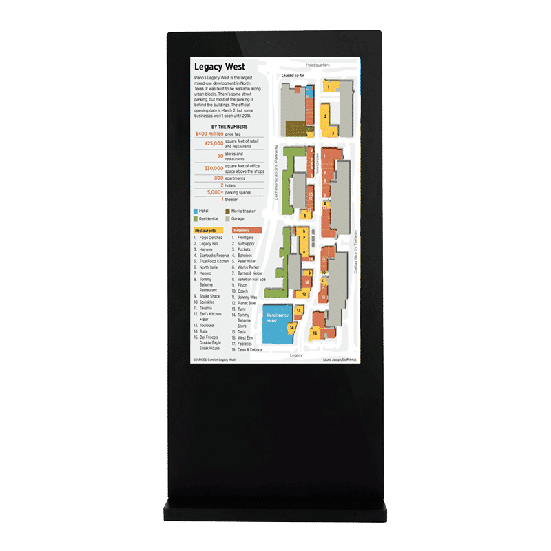 The Valencia: Outdoor Portrait Kiosk is a sleek, black interactive device showcasing a detailed navigational map of the Legacy West area. This map includes a key for various businesses, dining spots, and amenities, along with color-coded building layouts. Text at the top explains highlights of the area.